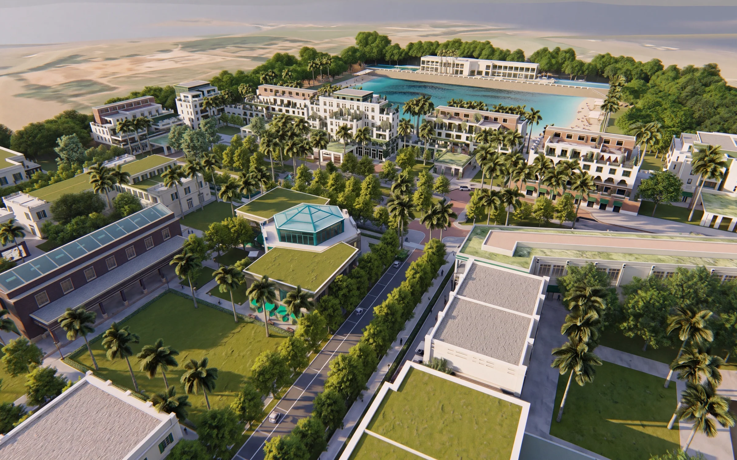 Vista aérea dos edifícios, piscinas e jardins do Boa Vista Village.