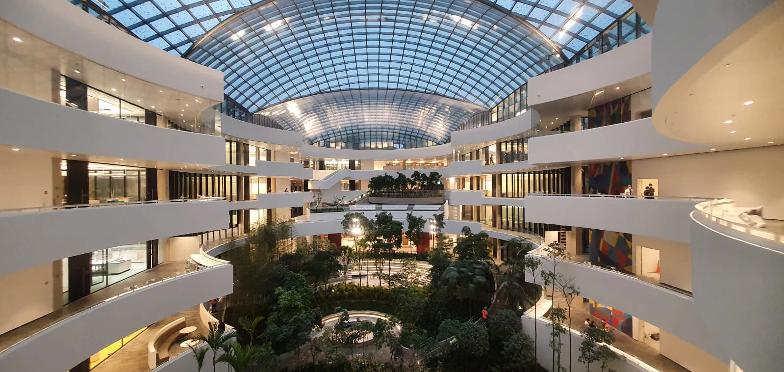 Jardim interno sob uma cobertura de vidro, em imagem do Albert Einstein publicada no portfólio da FISE.